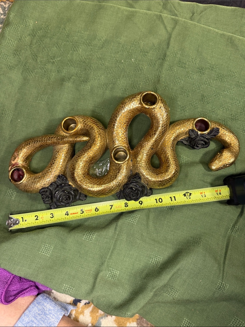 Gold Snake Multi-candle Holder with Black Rose Accents dramatic